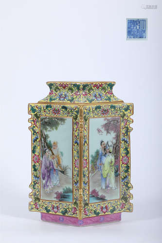 Famille Rose Gilt Figure Square Vase