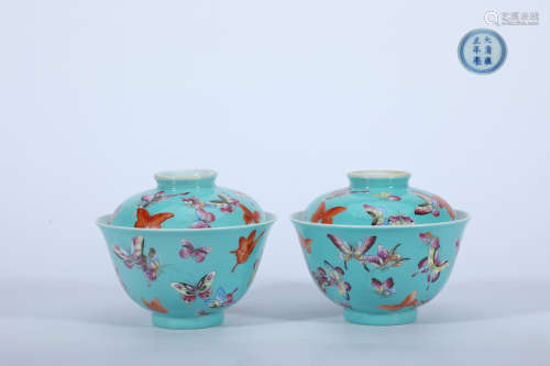 A Pair of Enamel Blue-Ground Butterfly Bowl and Cover