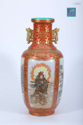 Copper-Red Gilt Landscape Two Handles Vase