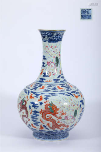 Blue and White Famille Rose Globular Vase with Dragons and P...