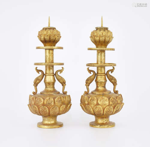 A Pair of Gilt Bronze Lotus Candlestick