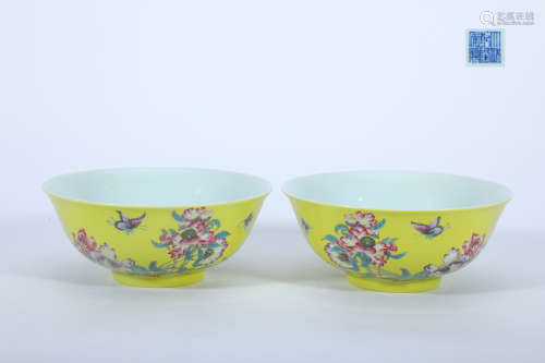 A Pair of Enamel Yellow-Ground Butterfly Bowl