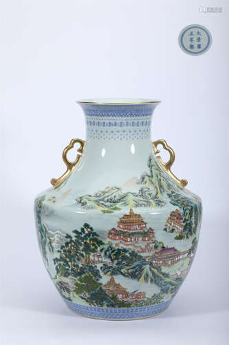 Famille Rose Landscape Two Handles Vase