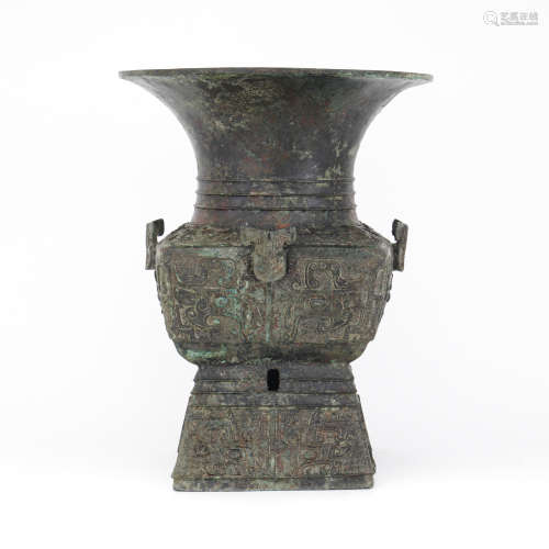 Bronze Square Zun Vase with Beast Handles