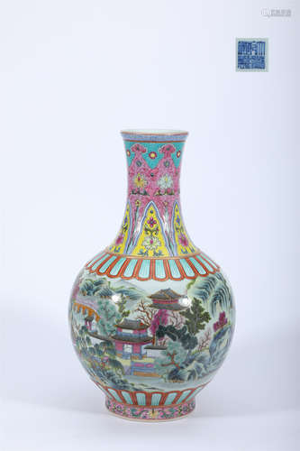 Famille Rose Landscape Globular Vase