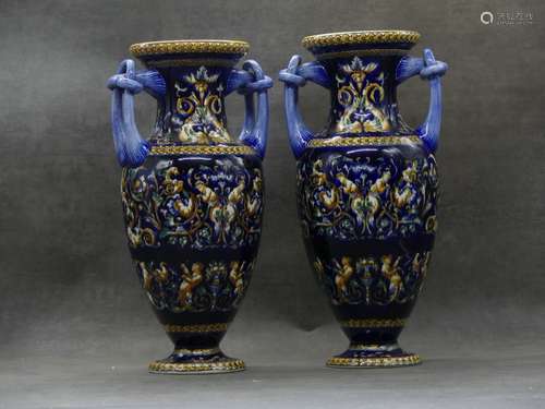 GIEN. Paires de vases balustre en faience. Signés au dessous...