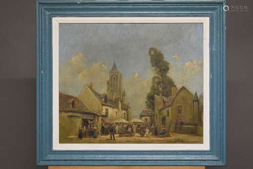 Ecole franaçsie du XXème siècle, Marché de village, gouache ...