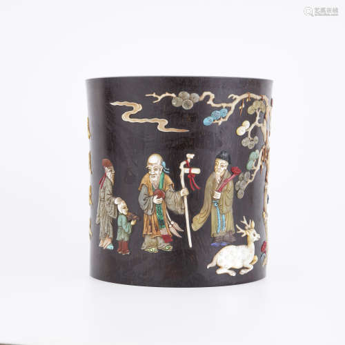 Qianlong Inlaid Zitan Figure Brush Pot