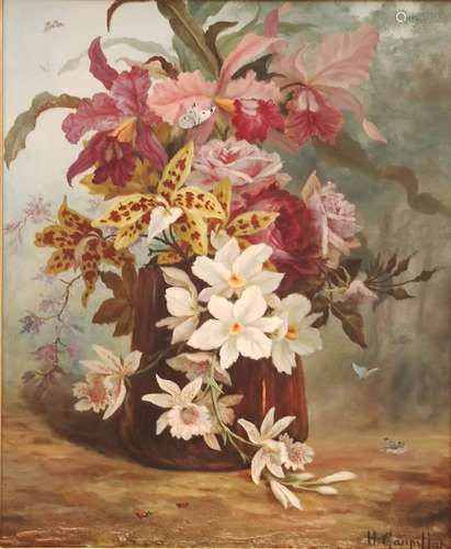 Henry GAUPILLAT Bouquet de fleurs et papillons dans un chaud...