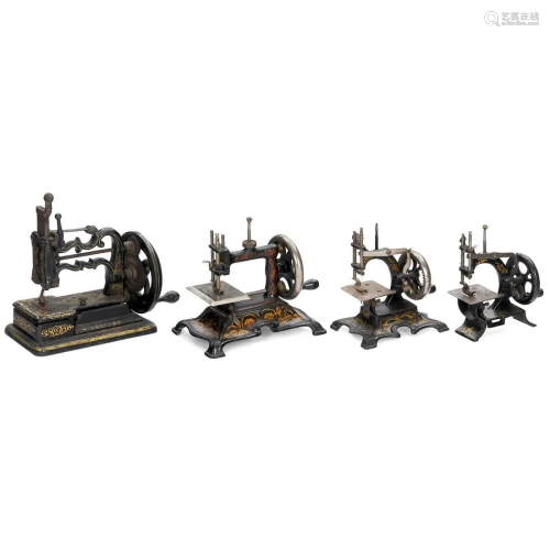 4 Hand-Cranked Cast-Iron Toy Sewing Machines, c. 1900