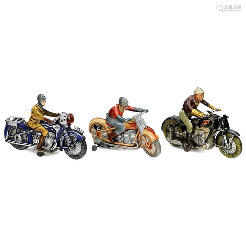 3 Tin Toy Motorcycles, c. 1955