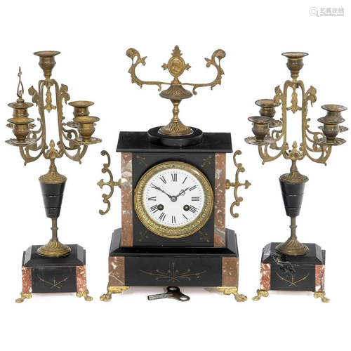 Japy Frères & Cie Marble Mantle Clock & Garniture, c.