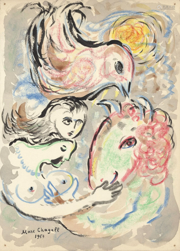 MARC CHAGALL - Les amoureux - Mixed media on paper