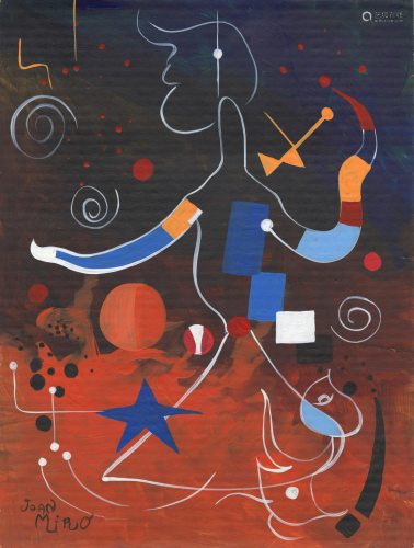 JOAN MIRO - Personnage - Oil on paper mounted on