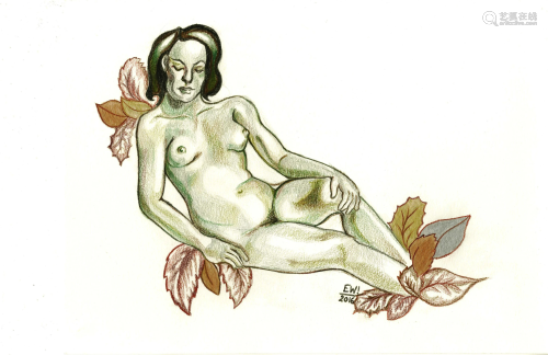 ESTELA WILLIAMS - Nude and Leaves - Colored pencils on