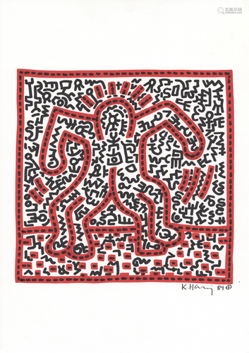 KEITH HARING - Four Legs - Black and red marker drawing