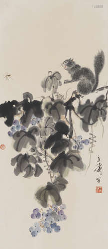 Squirrel and Grapes，Painting by Wang Xuetao