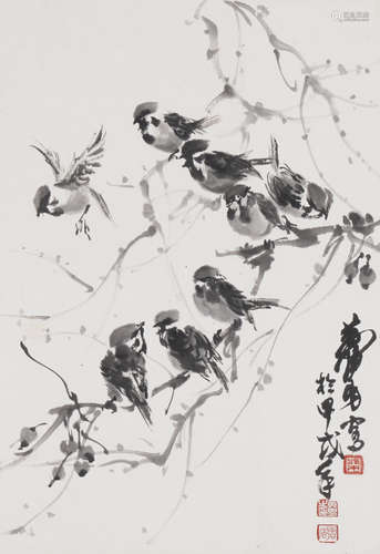 The Sparrows，Chinese Painting by Huang Zhou