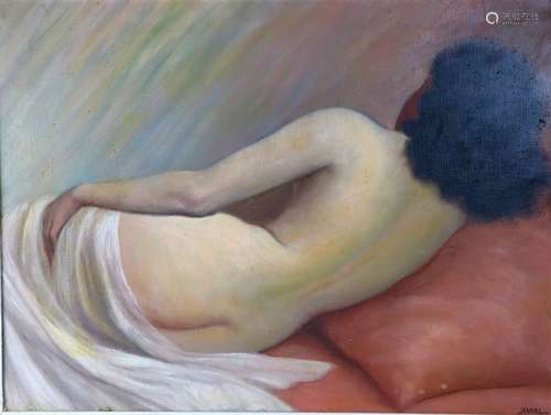 Jean JANNEL (1894 - ?). Nu allongé, de dos. Huile sur toile;...