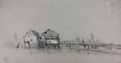 Camille FLERS (1802-1868) Moulin et pont. Crayon noir et aqu...