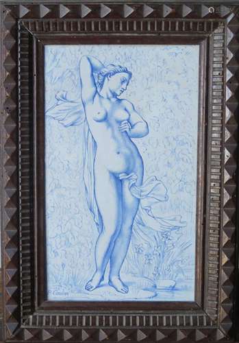 NEVERS, Pierre COULON. Femme nue et drapé. Plaque en faience...