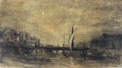 Camille FLERS (1802-1868) Vue d'un port. Crayon noir et reha...