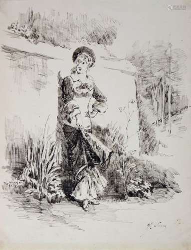 Henry SOMM (1844-1907). Elégante au jardin. Encre sur papier...