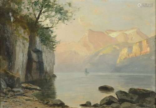 Paul Gustave I ROBINET (1845-1932). Vue d'un lac en Suisse. ...