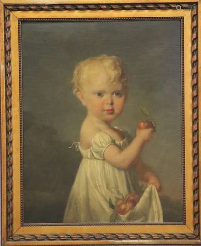 Ecole française du XIXème siècle. Portrait d'enfant à la pom...