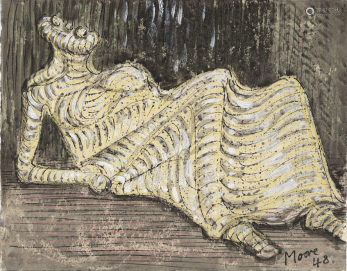 HENRY MOORE - Reclining Figure - Watercolor, wax