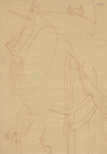 WIFREDO LAM - Composicion con Animales - Ink on paper