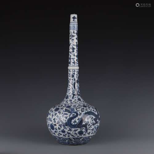 blue and white dragon and flower crane-neck bottle vase