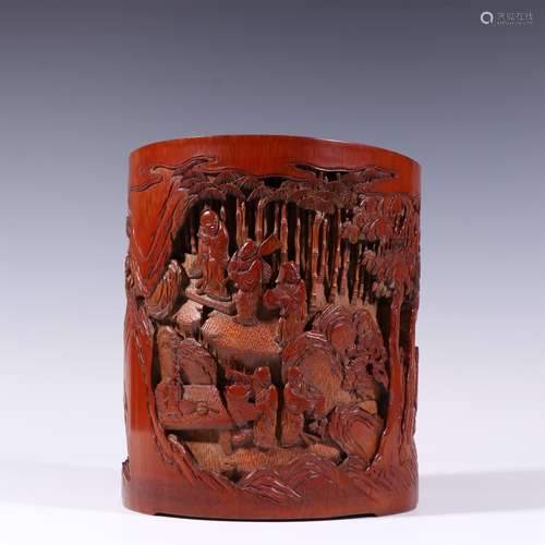 A QING DYNASTY BAMBOO CARVED FIGURES STORY BRUSH HOLDER