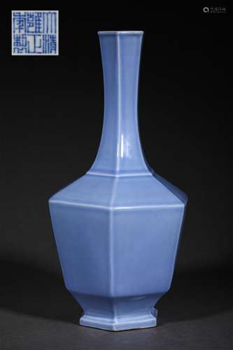 A QING DYNASTY SKY BLUE GLAZE HEXAGON ZUN