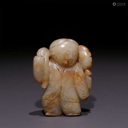 A QING DYNASTY HETIAN JADE LOTUS LEAF AND BOY CARVING ORNAME...