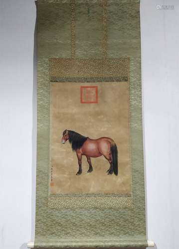 A CHINESE PAINTING HORSE LANG SHINING MARKED