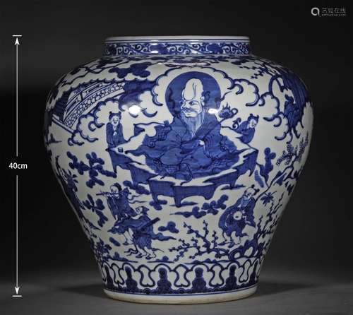 A MING DYNASTY BLUE AND WHITE OFFERING LIFE DESIGN JAR