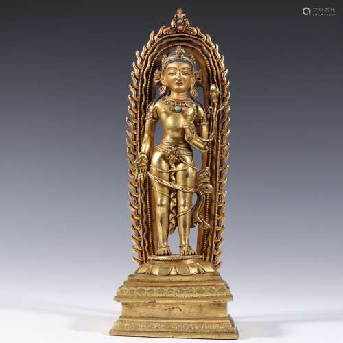 A MING DYNASTY  BRONZE GILDED GUANYIN STATUE