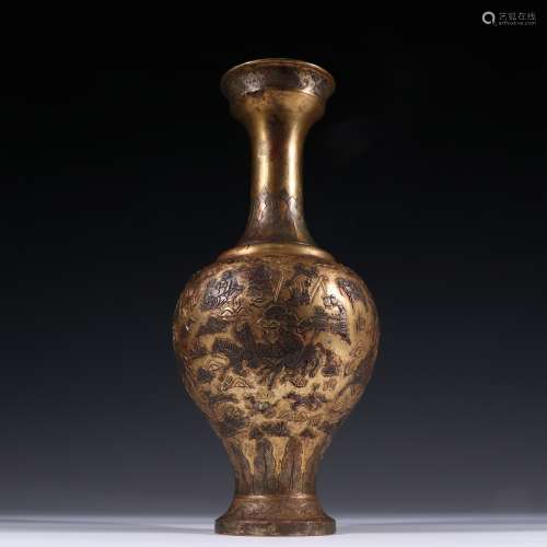 A TANG DYNASTY  BRONZE GILDED HUNTING FIGURE BOTTLE