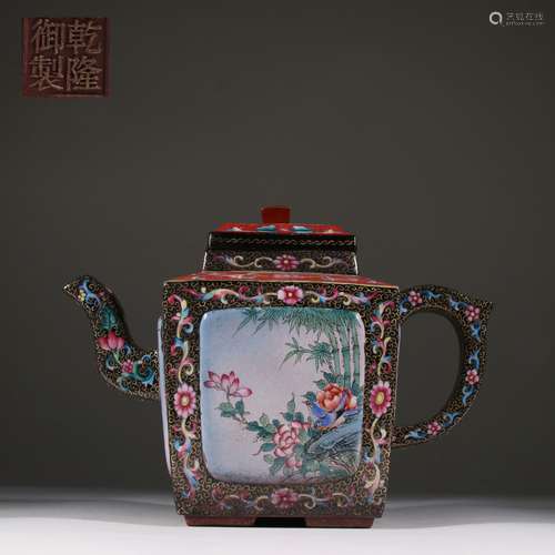 A QING DYNASTY QIALONG PURPLE CLAY ENAMEL FLOWER AND BIRD TE...