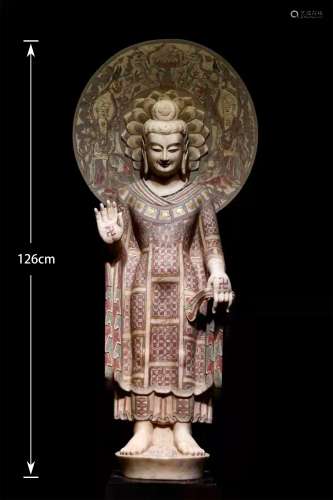 A NORTHERN WEI WHITE MARBLE COLOR PAINTING BUDDHA
