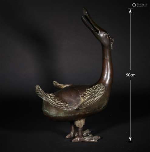 A MING DYNASTY BRONZE DUCK INCENSE BURNER