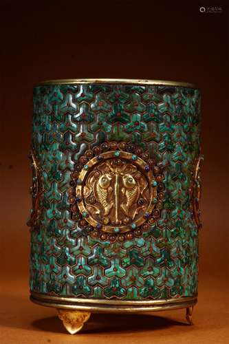 A QING DYNASTY GOLDING INLAYING TURQUOISE BRUSH HOLDER