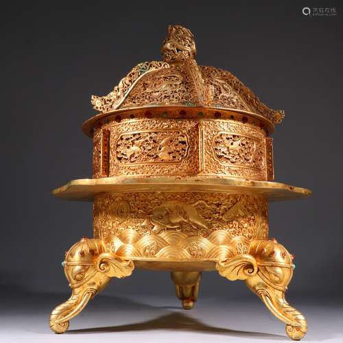 A QING DYNASTY BRONZE GILDED INCENSE BURNER