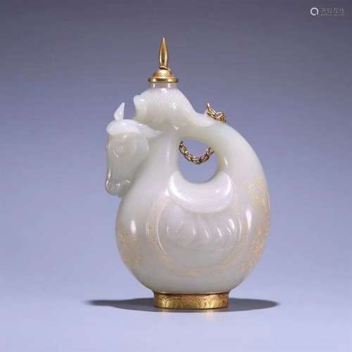 A QING DYNASTY HETIAN JADE WRAPPED GOLD POT