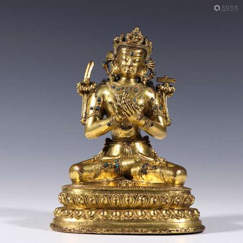 A MING DYNASTY BRONZE GILDING TARA STATUE