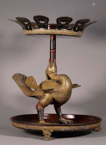 A WARRING STATES PERIOD GOLDING COLOR PAINTING BIRD LAMP