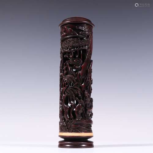 A QING DYNASTY LOBULAR RED SANDALWOOD CARVED LANDSCAPE FIGUR...