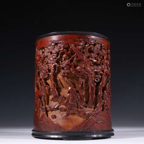 A QING DYNASTY BAMBOO FIGURES CARVED BRUSH HOLDER BY MA GUOZ...