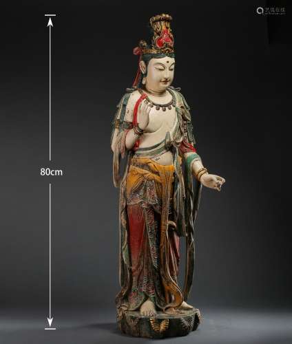 A SONG DYNASTY WOOD CARVED COLOR PAINTED GUANYIN STATUE
